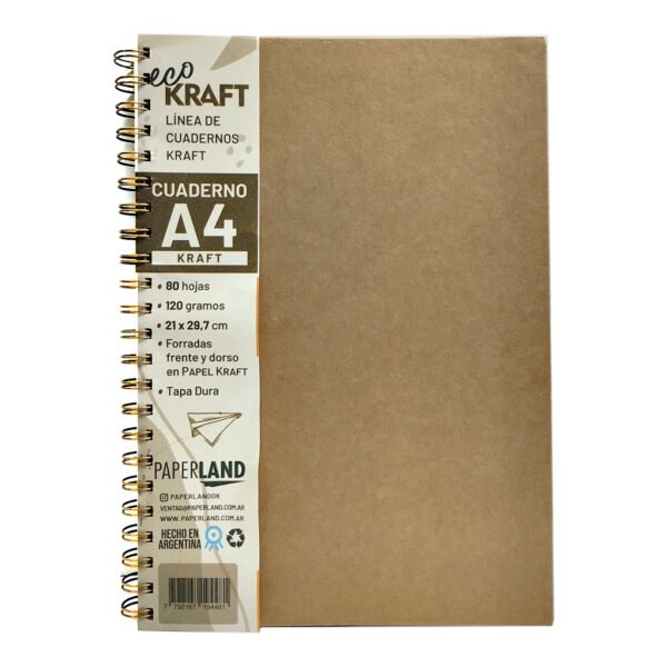 CUADERNO A4 96 HOJAS ECO KRAFT PAPERLAND, RAYADOS/CUADRICULADOS